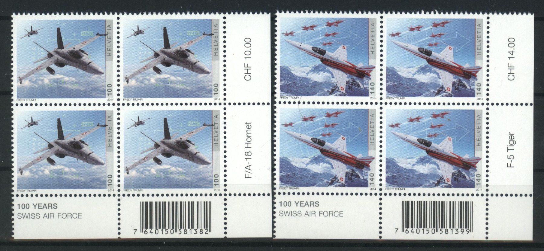 Alle Briefmarken: 2014, 100 Jahre Schweizer Luftwaffe, Viererblöcke ** – Gebraucht aus Willisau von Vollstempel