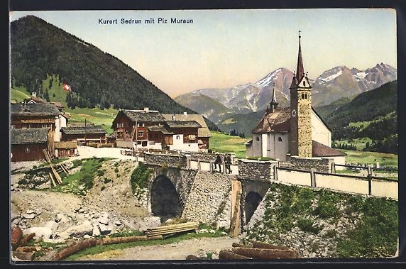 Cartoline postali: AK Sedrun, Ortsansicht mit Piz Muraun – Usato da Berlin venduto da bartko-reher