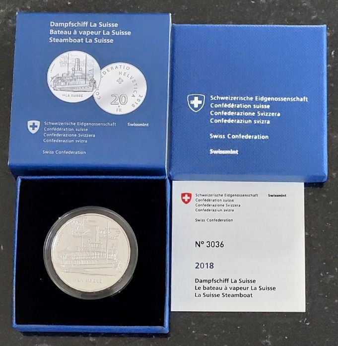 Alle Münzen: 20 Franken 2018 Silber pp Dampfschiff La Suisse Box – Neu (gemäss Beschreibung) aus Arch von moneyswiss