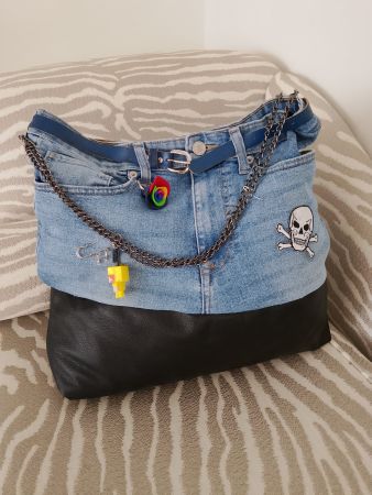 Handtasche Jeans Stoff Schwarz Leder  mit Kette