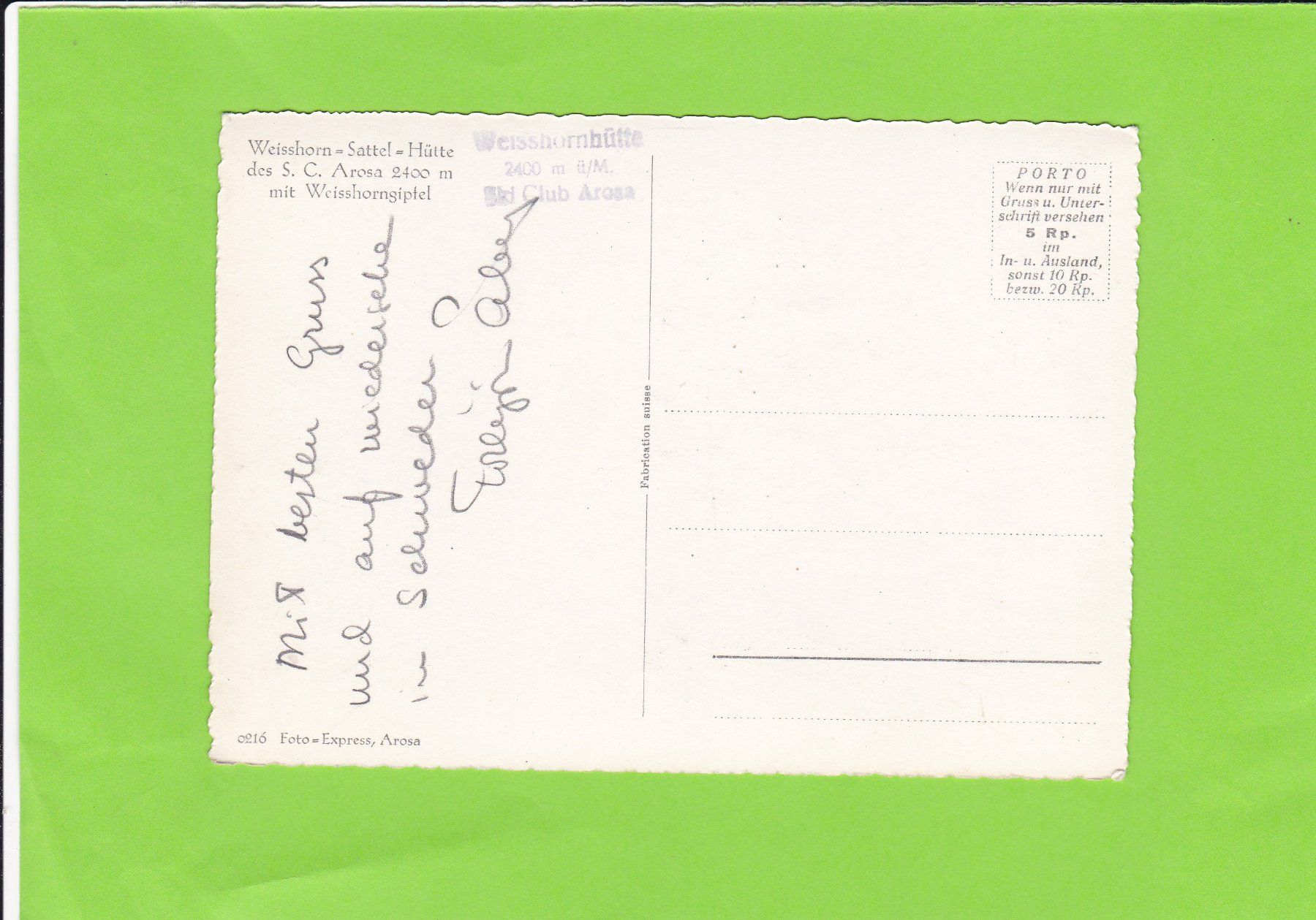 Cartoline postali: Weisshorn-Sattel-Hütte – Usato da St. Peterzell venduto da neckertal 1
