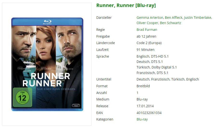 Alle DVDs: Runner, Runner (Blu-ray) – Gebraucht aus Emmetten von SVollenweider