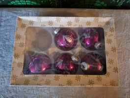 5 alte,Vintage Weihnachtskugeln Glas violett-silber
