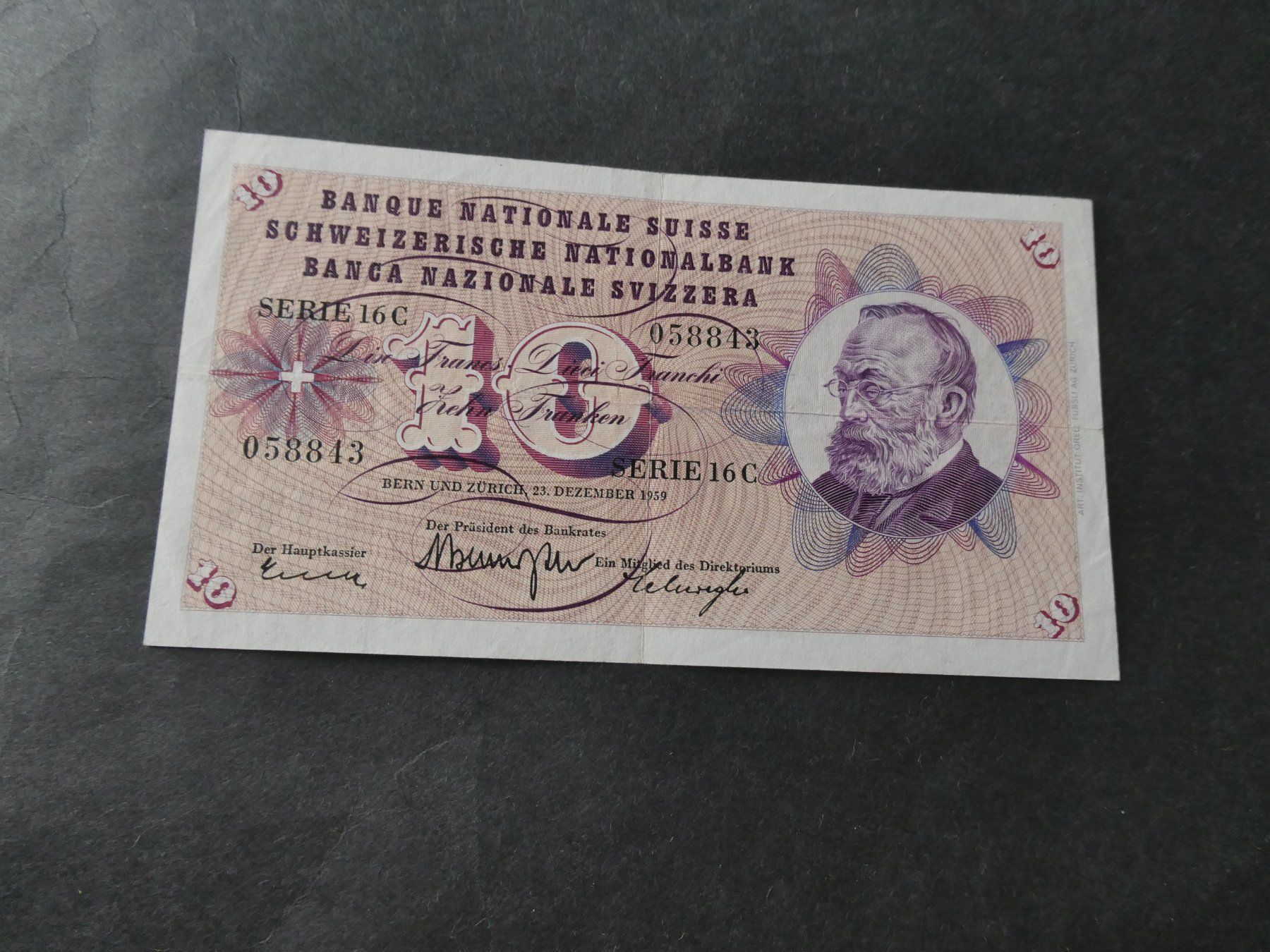 Banknoten: Schweiz 1959, 10 Franken – Gebraucht aus Hinterforst von Rohusri