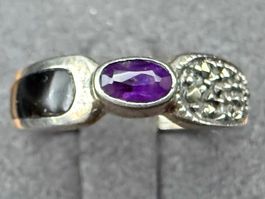 Ring Silber 925 Vintage, lila und schwarz, Gr. 53