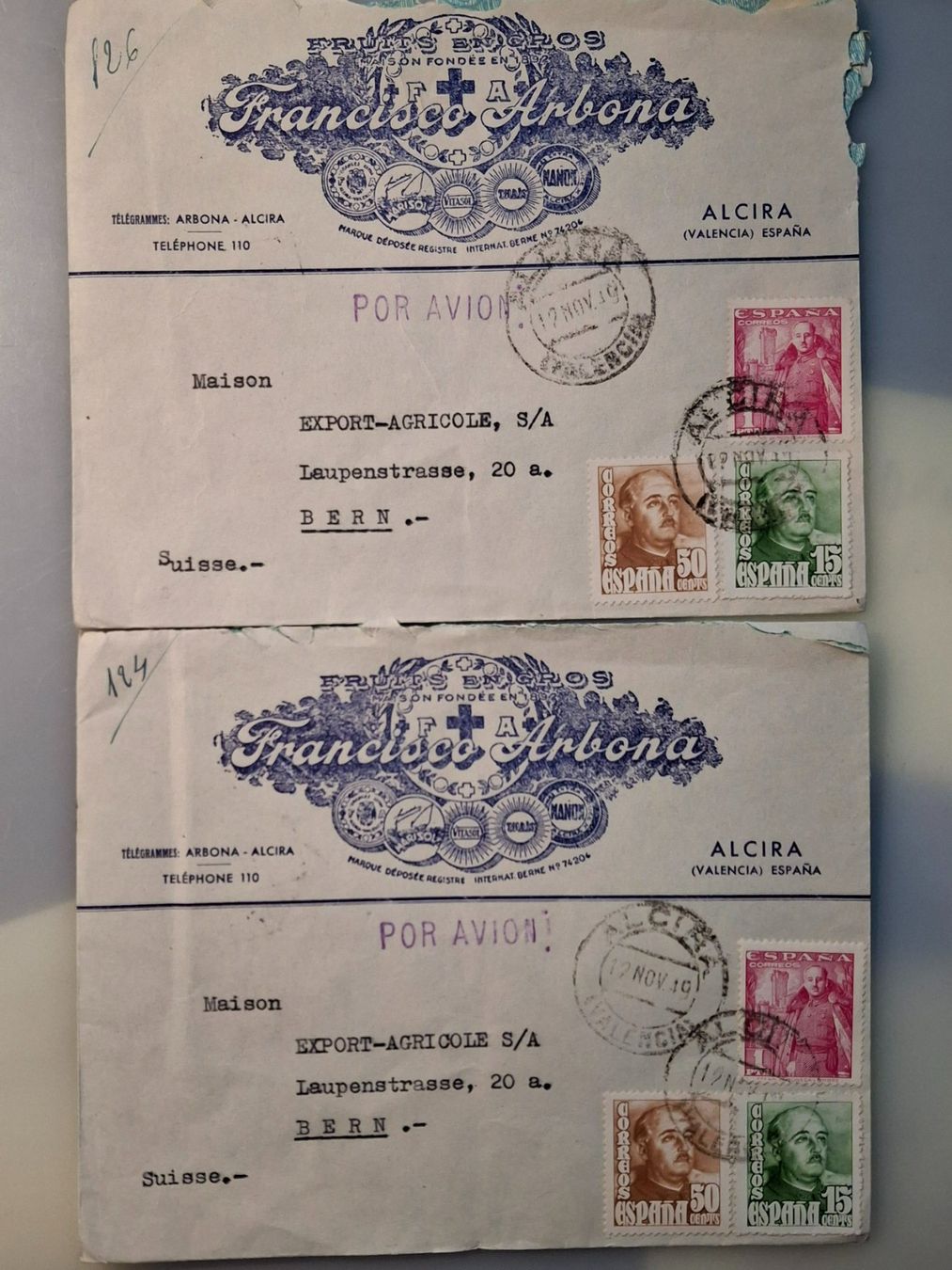 Alle Briefmarken: 2 seltene Briefumschläge an Export-Agricole in Bern – Gebraucht aus Bern von maximus365