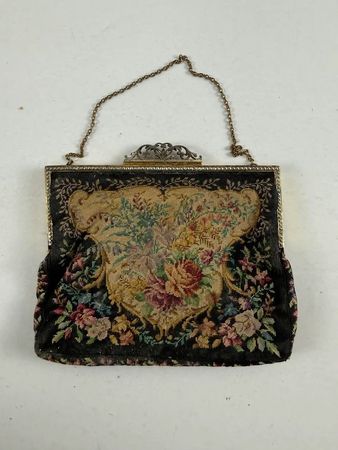 Gobelin Handtasche Petit Point Metallbügel um 1920–1950