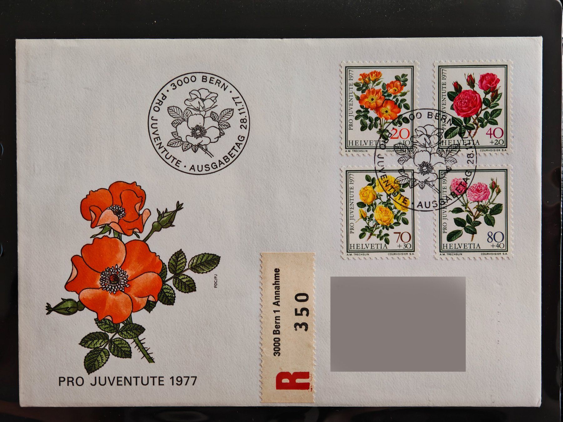 Tutti i francobolli: Ersttagsbrief, Rosen, Pro Juventute 1977, Bern – Usato da Zuerich venduto da Antiquarium