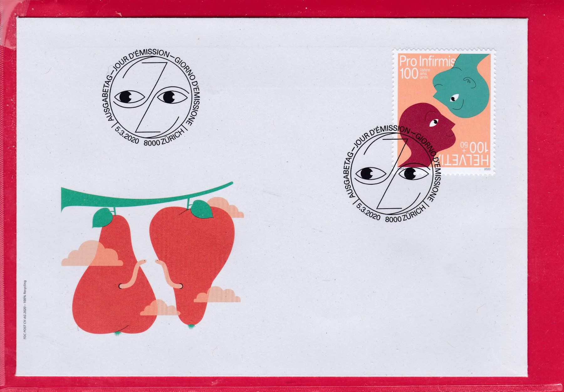 Alle Briefmarken: 2020, FDC, 100 JAHRE PRO INFIRMIS, 5.3.2020 – Gebraucht aus Oberrieden von Gebirgsstelze