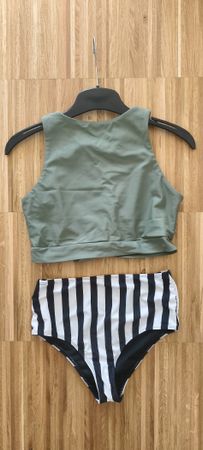 Olive Tie-Front Bikini Top, Striped Bottom swimsuit set - xs