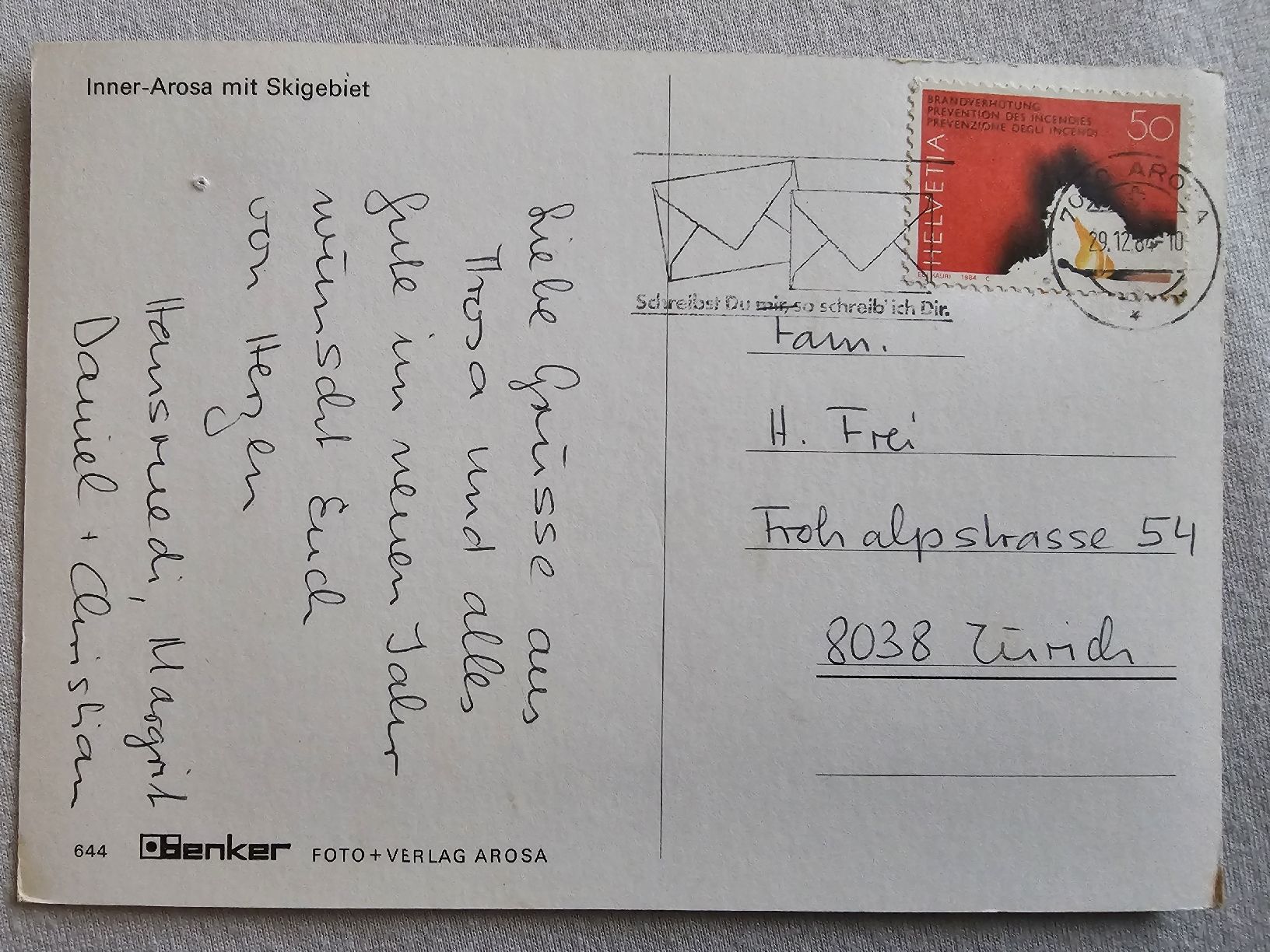 Ansichtskarten: Ansichtskarte Arosa mit Skigebiet 29.12.1984 – Gebraucht aus Bütschwil von Taranabo 1