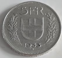 5 Franken 1933 Münze in gutem Zustand, Sammlerstück