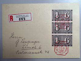 1943 100J. Schw. Postmarken 3x258 senkr. auf Einges. Karte
