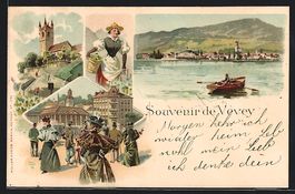 Litho Vevey, Ortsansicht vom See mit Rud
