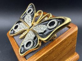 Vintage Schmetterling Brosche, Strass, schwarze Emaille, sig
