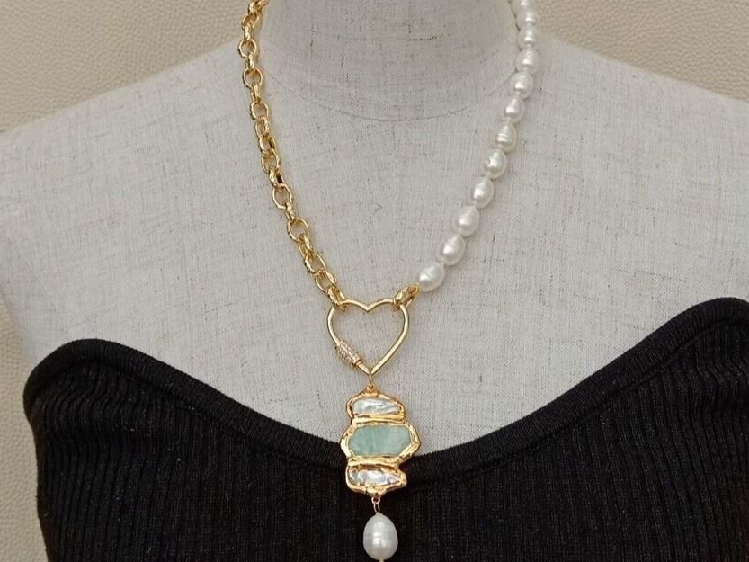 Catenine: Lua Herz Amazonit Perlen Halskette Perle Biwa 48 cm Collier – Nuovo (secondo la descrizione) da Prilly venduto da ilyria73 6