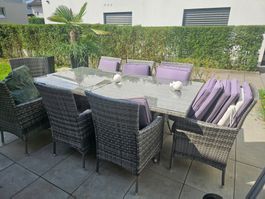 Gartentisch mit 8 Stühlen Rattangeflecht mit Kissen Glasp...