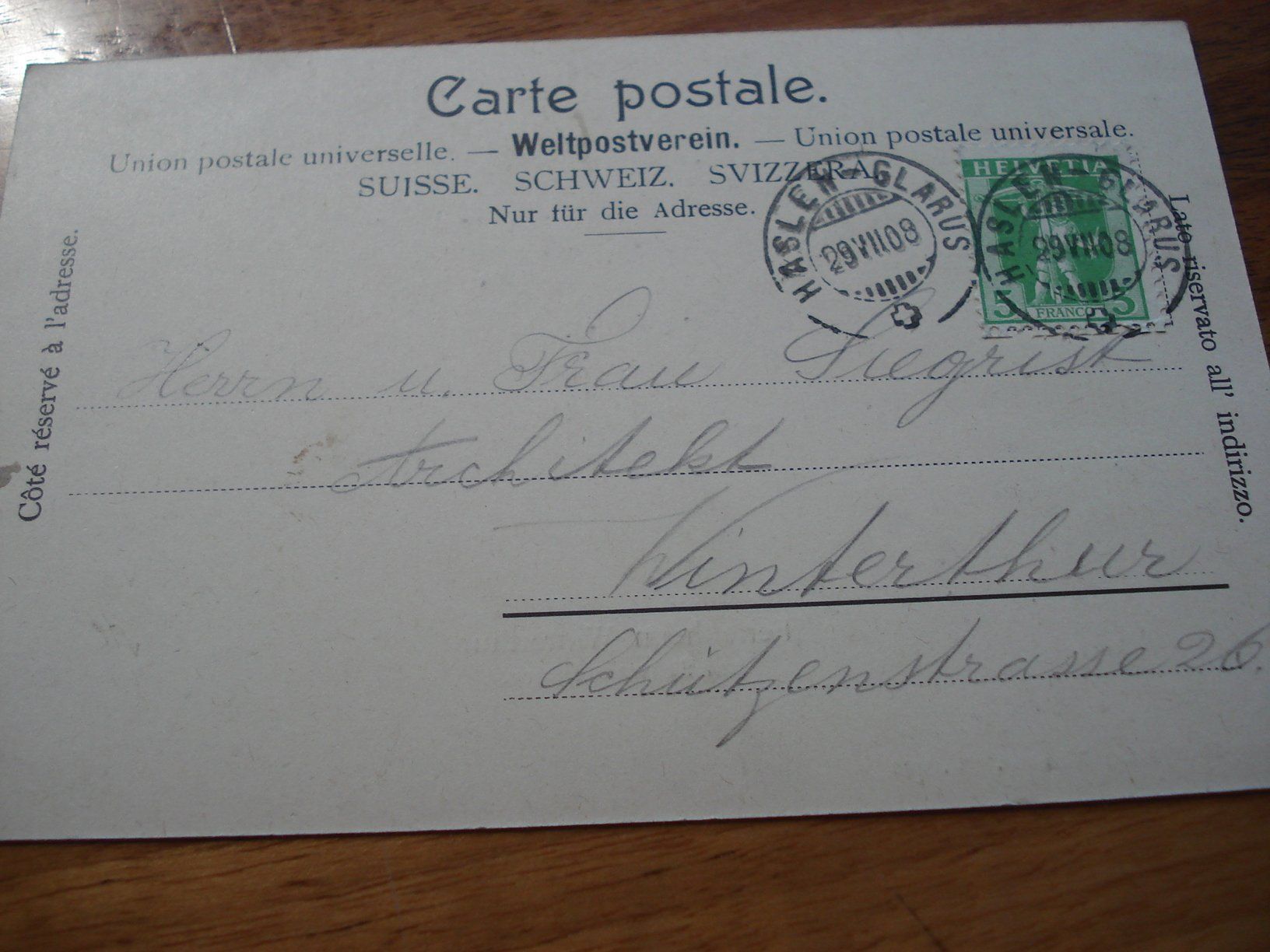 Cartoline postali: Karte Ferienheim Schwanderberg GL, o Haslen Glarus, 1908 – Usato da Niederwil AG venduto da morostahu 2