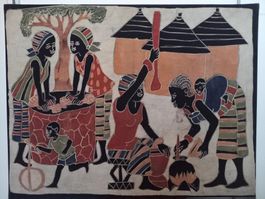 Afrika-Art: Gemälde auf Tuch, Dorfleben Westafrika