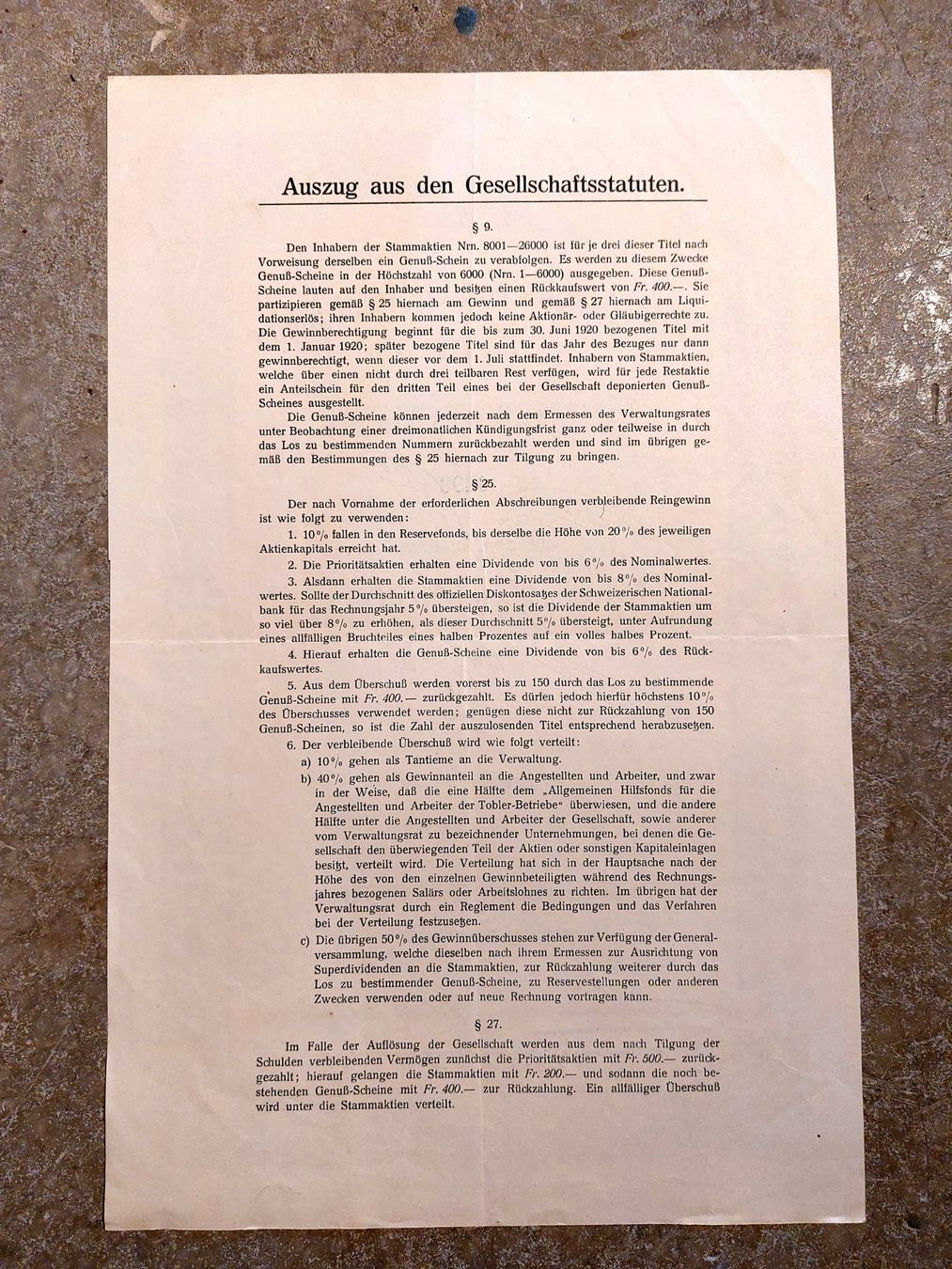 Documenti: Aktie Chocolat Tobler, Bern 1920 – Usato da Wald ZH venduto da Mci 1