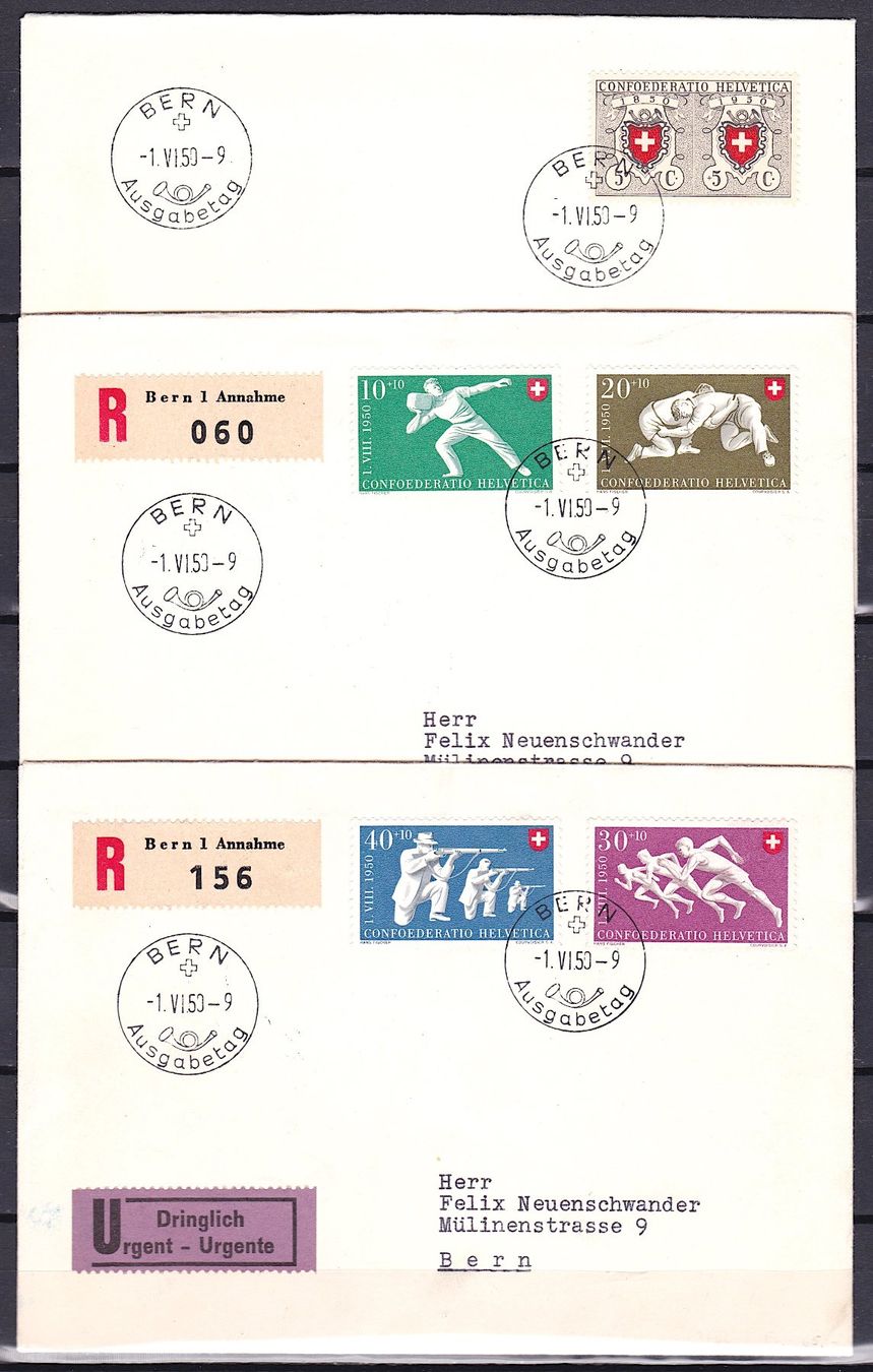 Tutti i francobolli: PP 1950 FDC B46-50, BERN 1.VI.50, auf  3 Briefen – Usato da Richterswil venduto da Dyaris2025