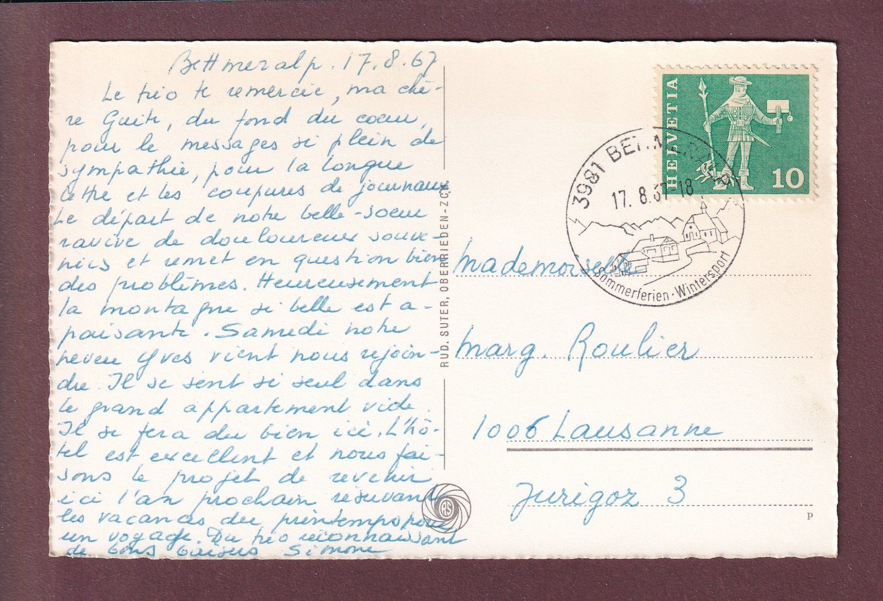 Cartoline postali: BETTMERALP - Mischabelgruppe - 1967 – Usato da Pully venduto da nicecards 1