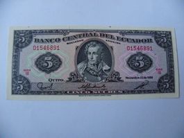 Banknote Ecuador 5 Sucres 1988, Banco Central, Unc Zustand