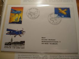 Brief Aerophilatelie 2001, Olten, mit Vignette Doppeldecker
