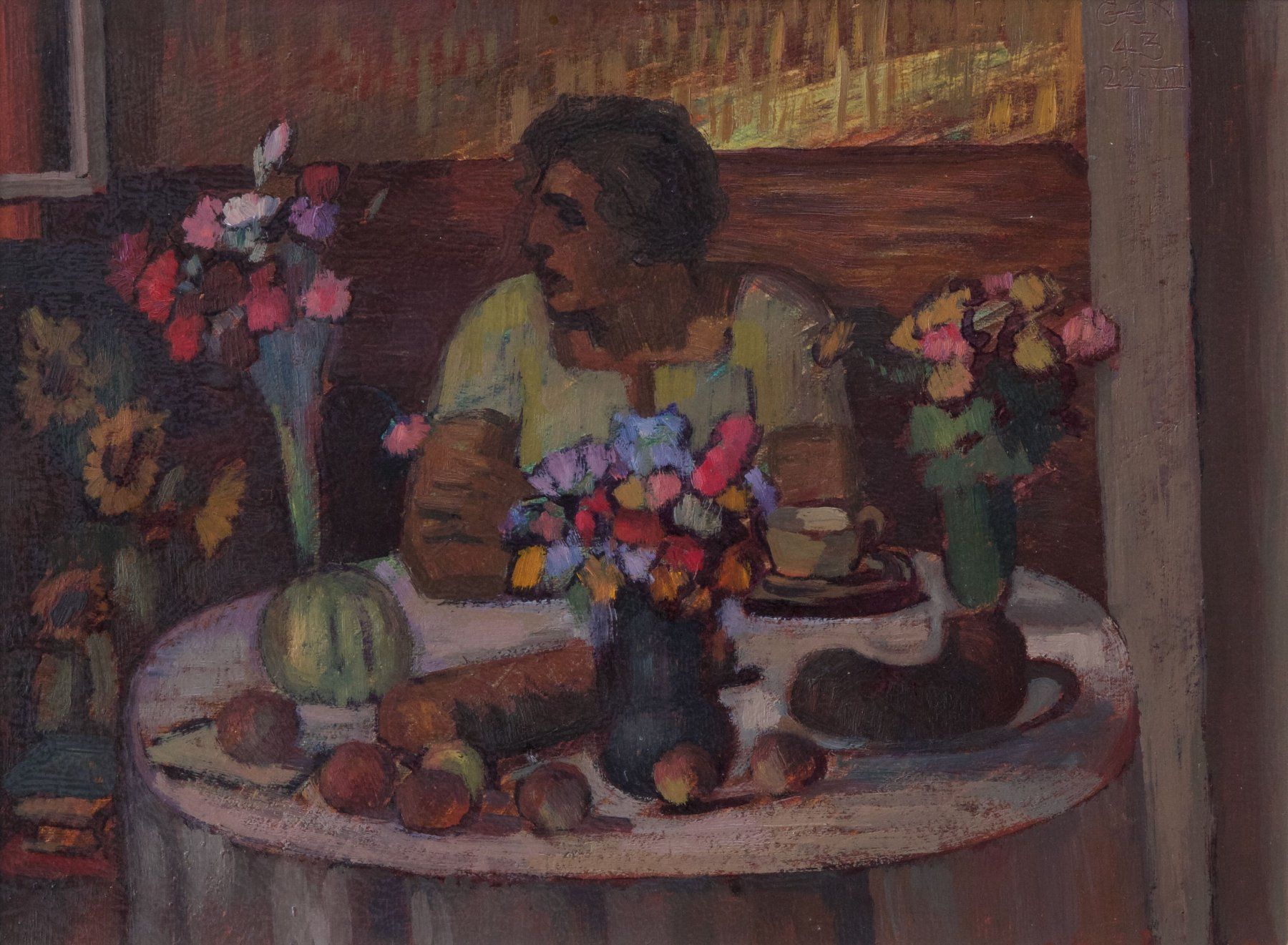 Dipinti: Eugen Niederer, Kaffeepause mit Früchten und Blumensträussen – Usato da Hagenbuch ZH venduto da Consus