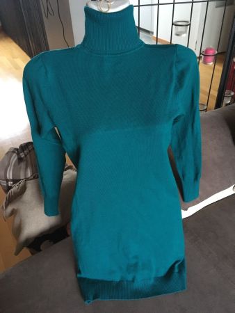 Mini Robe pull long moulant col roulé vert émeraude coton T1
