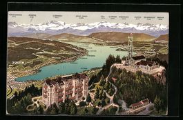 Zürich, Ortsansicht mit Alpen aus der V