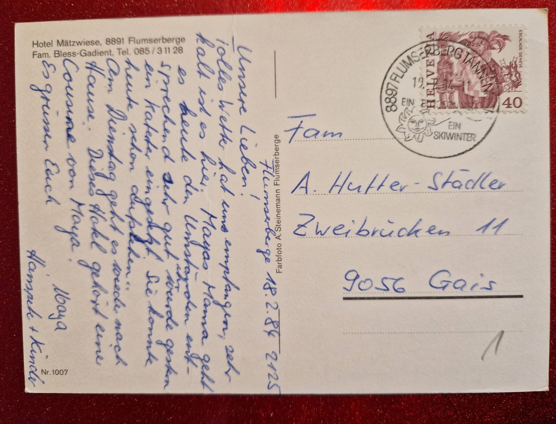 Cartoline postali: Hotel Mätzwiese, Flumserberg 1984 – Usato da Melchnau venduto da Fishel 1