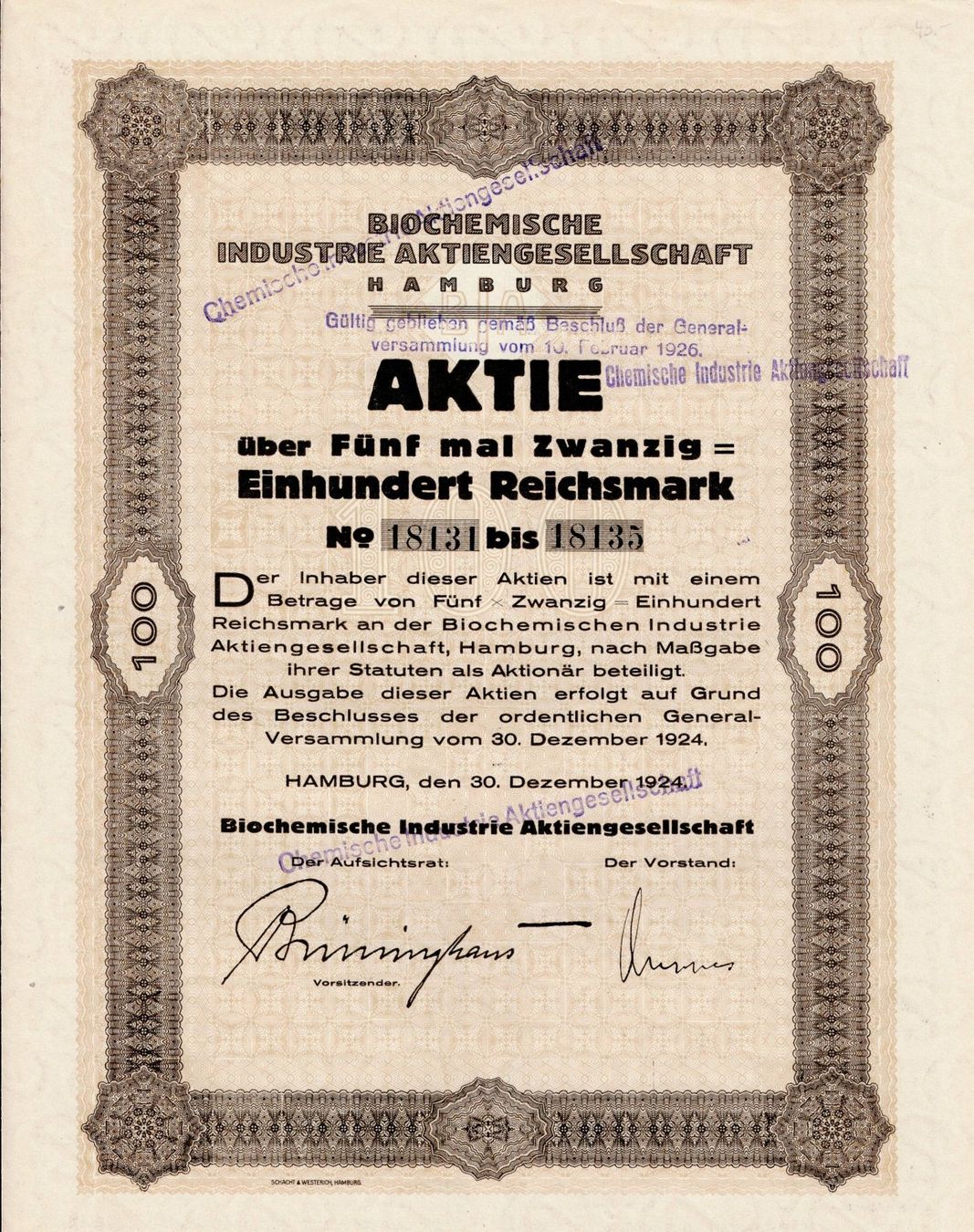 Documenti: Biochemische Industrie AG Hamburg – Usato da Ittigen venduto da hiwepa
