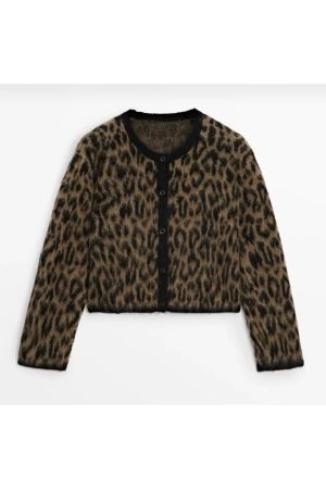 Neu Rundhalsausschnitt Leopard gemustert Wolle Strickjacke
