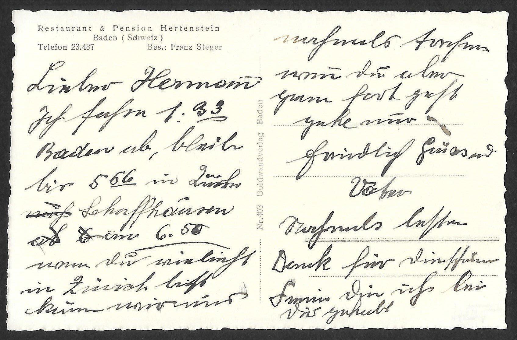 Cartes postales: Baden Blick Terrasse Restaurant Hertenstein – D'occasion à Olten par clotaldi 1