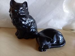 2 Vintage Keramik Katzenfiguren, Deko für Sammler, Schwarz!