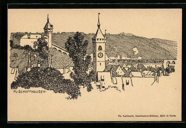 Cartoline postali: Litho Schaffhausen, Ortsansicht mit Tür – Usato da Berlin venduto da bartko-reher