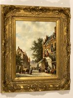 M. Schreuder Gemälde einer Stadt signiert mit Gebäuden Leute