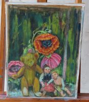 Gemälde Blumen mit Teddybär & Puppen – 44,5 × 34