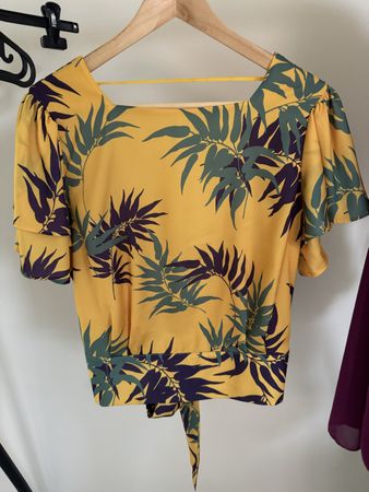Satin Blouse yellow green print tie front size M