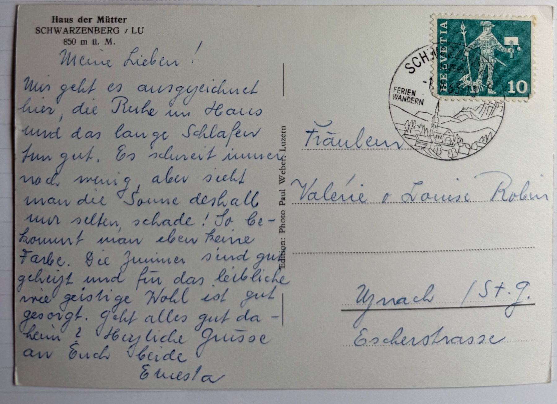 Ansichtskarten: Schwarzenberg - Haus der Mütter 1963 – Gebraucht aus Lutry von Ediego 1