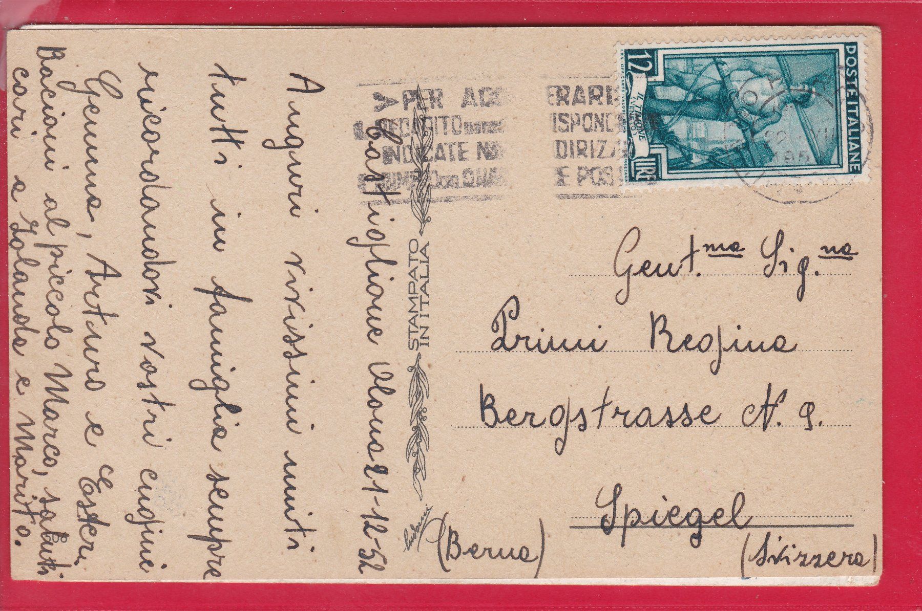 Cartoline postali: BUON NATALE, 22.12.1952 – Usato da Oberrieden venduto da Gebirgsstelze 1