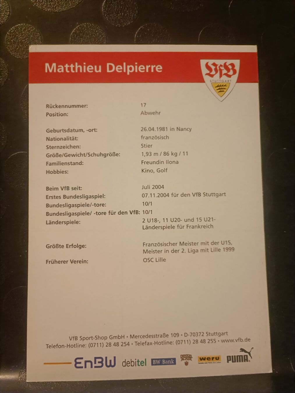 Autogramme: Matthieu Delpierre - VfB Stuttgart - handsigniert – Gebraucht aus Menziken von Artographs 1