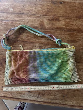 Damen Tasche Netz Regenbogenfarben mit Strass Neu