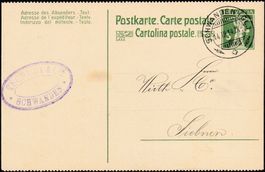 1914: Ganzsachen-PK von Schwanden nach Siebnen, perforiert.