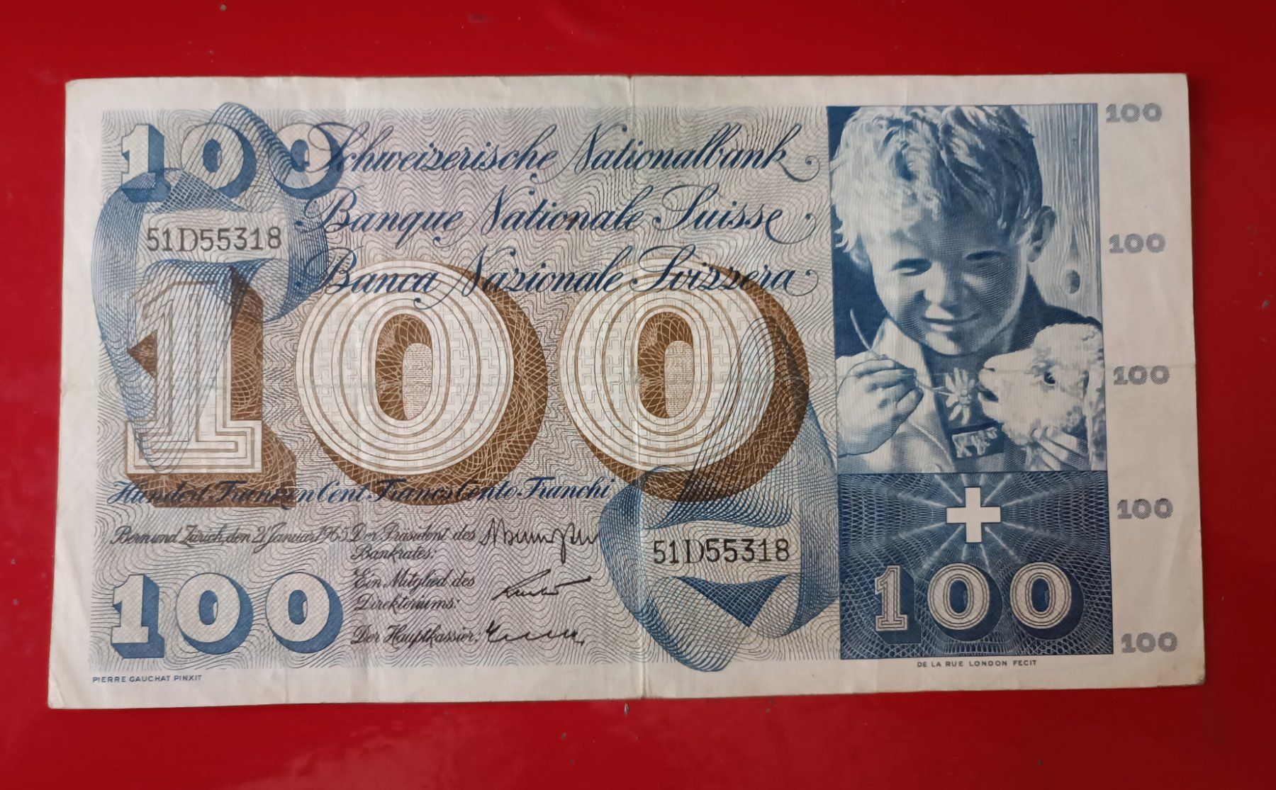 Banconote: Alte 100.- Fr. CH Note TYP ST. Martin  02.01 .1965 gebraucht – Usato da Glis venduto da MYS-Wallis2020 4