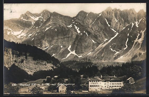 Cartoline postali: Rietbad, Ortsansicht mit Säntisgebirge – Usato da Berlin venduto da bartko-reher