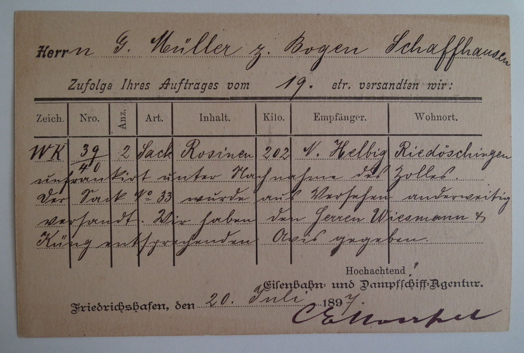 Tutti i francobolli: Friedrichtshafen  Postkarte Eisenbahn- Dampfschifffahrt 1897 – Usato da Kriens venduto da WULLU99 1