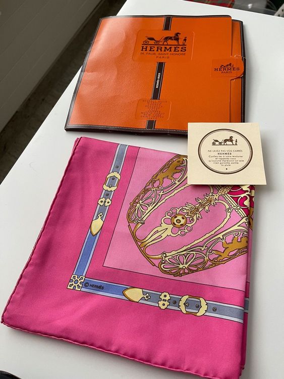 Carré Hermès 90x90 Cm En Soie - Motif Patchwork Bleu Et Vert, Vintage