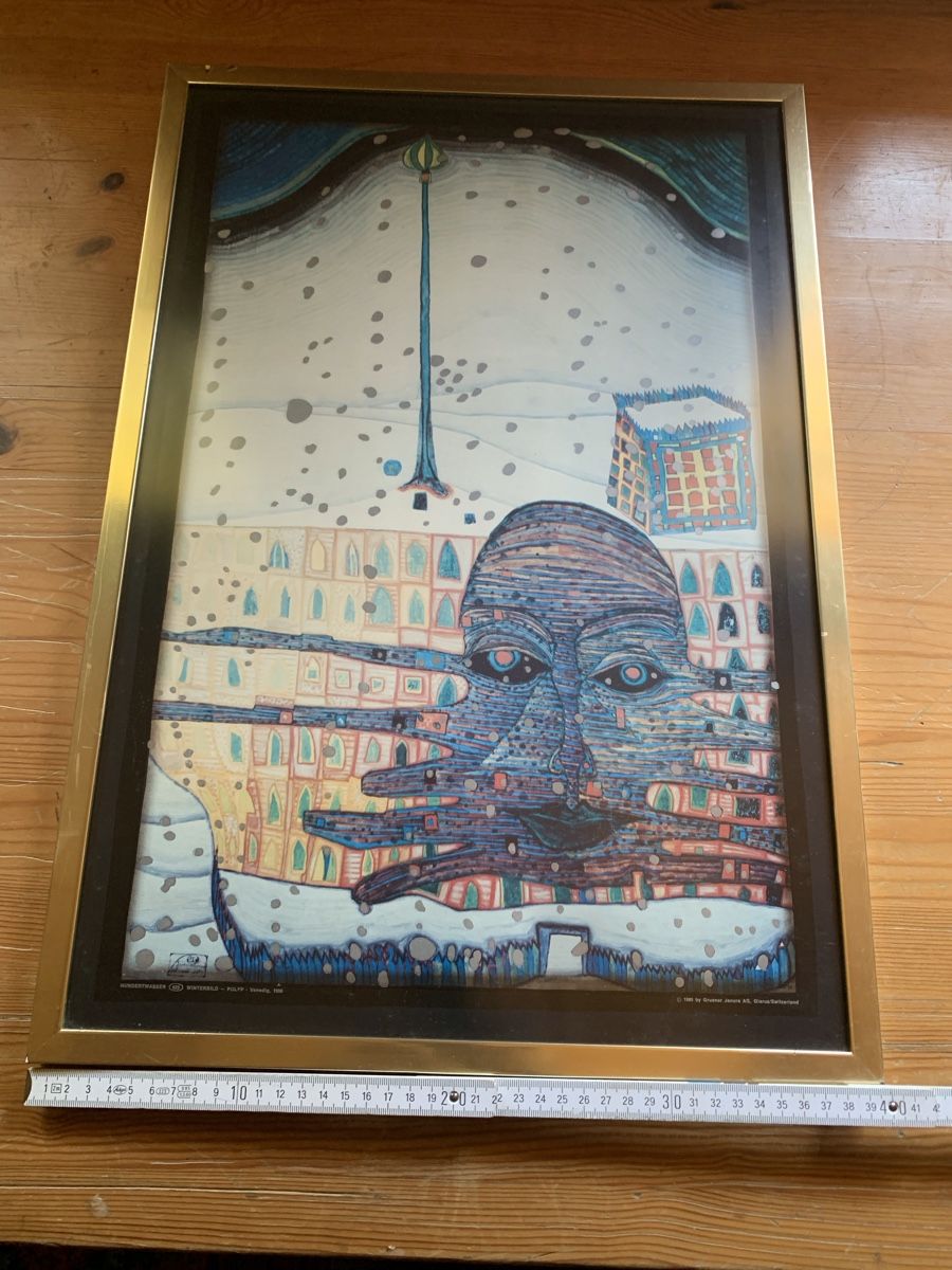 Foto & Immagini: Hundertwasser-Bild, Kunstdruck, Winterbild 1966, Goldrahmen – Usato da Dussnang venduto da pml253